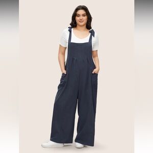BloomChic Solid Pleated Detail Pocket Knotted Shoulder Overall Cotton Jumpsuit